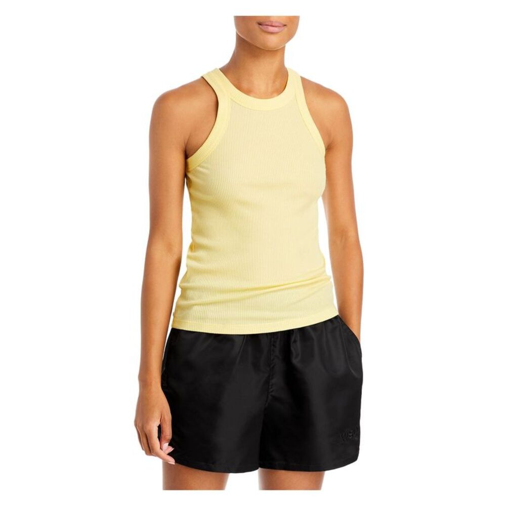WSLY Womens Yellow Stretch Ribbed Fitted Sleeveless Halter Tank Top XS